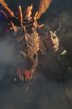 Teufelin, woman with horns with dragon, fog, murmurs, winter, Waldburg Castle, Allgäu,