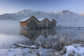 Huts, fishing huts, lake, reflection, snow, cold, fog, mountains, winter, morning light, ice,