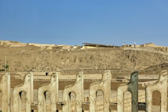 Historic sites in a desert landscape under clear blue skies, the archeological city of Huaca