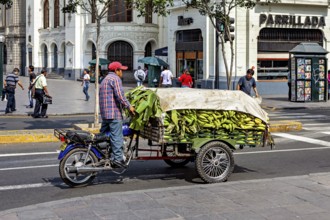 Motorcycle trailer loaded with bananas on a busy city street at an intersection, a man on a
