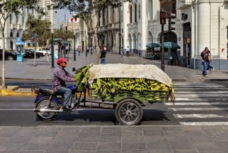 Person on motorcycle with trailer full of bananas in an urban setting at an intersection, a man on
