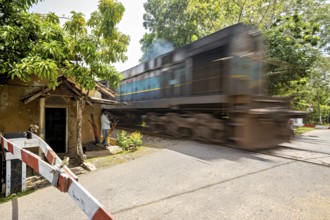 A fast-moving train passes a rural level crossing next to a small house, a level crossing with a