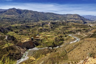 Extensive landscape with terraces and a river in mountainous surroundings, The landscape of the