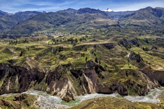 Terraced landscape with river and mountains under blue sky, The landscape of the Colca Canyon in