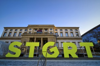 Letters, lettering, yellow, STGRT for Stuttgart, behind StadtPalais im Wilhelmspalais, Stuttgart,