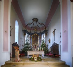 Interior view, choir room, altar, Catholic Saint Barbara church from 1783, baroque, Christmas