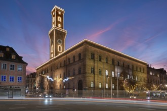 Fürth Town Hall in evening lighting, the tower, is imitated the tower of the Palazzo Vecchio in