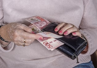 An elderly woman's hands take out Swedish banknotes from a wallet