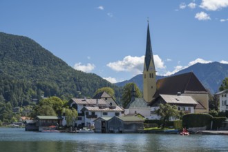 View from Malerwinkel of the village with parish church of St. Lawrence, Rottach-Egern, Upper
