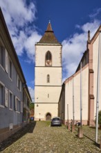 St. Martin parish church, church tower, church tower clock, houses, residential buildings,