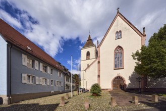 St. Martin parish church, neo-Gothic style, church tower, church tower clock, flagpoles, barrier