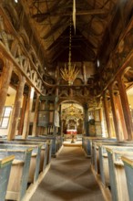 Interior with a view of the altar in Lom Stave Church (Lom stavkyrkje), Lom, Norway