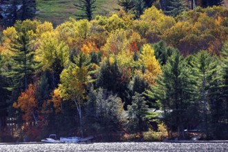 Cottage on the shore of a lake, motor boat, boat dock, autumn leaves, Indian Summer, Maine, New