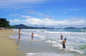 People, children, sea, surf, Chaweng Beach on Ko Samui, Thailand, December 2002, vintage, retro,