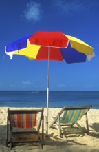 Sunshade and deckchairs on a beach on the island of Ko Lanta, Thailand, December 2002, vintage,