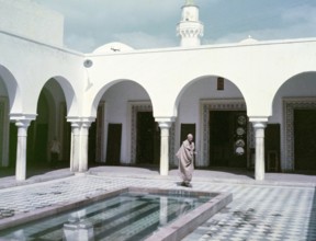 Arabic architectural style in courtyard with water pool, Tripoli, Libya, North Africa 1956
