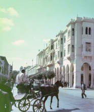 Horse and carriage in city street next to Palazzo Nahum, Italian colonial architecture building,