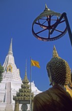Chedi, archway, Buddha statue, white and gold temple Wat Phukao Thong, Ayutthaya, Thailand,
