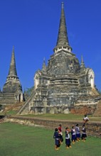 People, girls, chedis at Wat Phra Si Sanphet, Ayutthaya, Thailand, December 2002, vintage, retro,