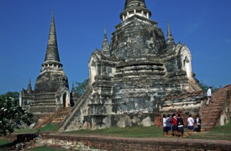 People, girls, chedis at Wat Phra Si Sanphet, Ayutthaya, Thailand, December 2002, vintage, retro,