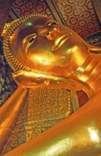 Head, reclining Buddha in Wat Pho, Bangkok, Thailand, December 2002, vintage, retro, old, historic
