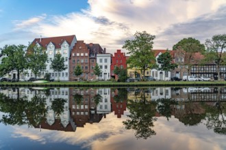 Lübeck's old town and the river Trave at dusk, Lübeck, Schleswig-Holstein, Germany