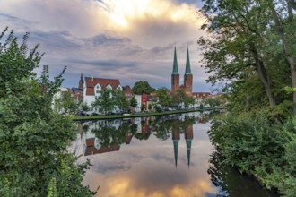 Old town with Lübeck Cathedral and Trave at dusk, Lübeck, Schleswig-Holstein, Germany