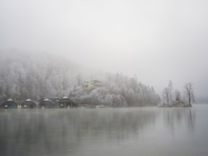 View across Königssee to boathouses, Christlieger island and frozen trees in fog, Schönau am