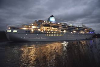 Cruise ship AMADEA sails in front of sunrise in the Kiel Canal, NOK, Kiel Canal, Kiel Canal,