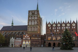 Stralsund medieval town hall, display façade at the Old Market Square, to the left the St. Nicholas