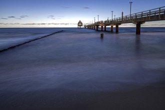 Groes and pier with diving gondola, long exposure, evening light, Zingst, Fischland-Darß-Zingst,