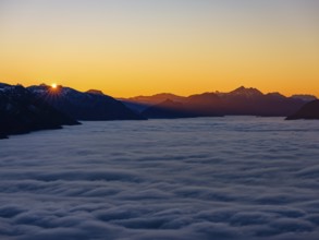 Sunset in the mountains, in the Fog Sea valley, Chiemgau Alps, Upper Bavaria, Bavaria, Germany
