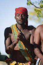 Traditional dance, men of the Hakaona tribe also Havakona or Hakawona, near Opuwo, Kunene, Namibia