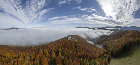 Aerial view of Araburg with autumn forest and fog, Kaumberg, Lower Austria, Austria