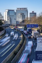 The A40 motorway, Ruhrschnellweg, in Essen, city skyline, Evonik office building, traffic jam in