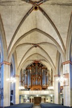 Impressive church interior with Gothic arches and imposing organ, atmospherically illuminated,