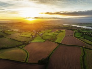 Colours of autumn Fields and Farms over Sheldon from a drone, Torbay, Devon, England, United