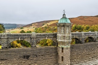 Autumn over Craig Goch Dam from a drone, Elan Valley Reservoirs, Elan Valley, Rhayader, Powys,