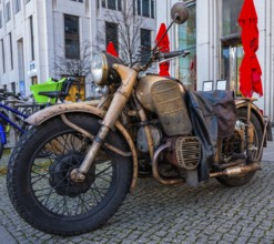 Retro motorcycle with sidecar, old and rusted, roadworthy and officially approved, Berlin, Germany