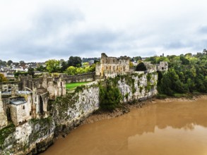 Autumn over Chepstow Castle and River Wye from a drone, Chepstow, Monmouthshire, Wales, UK