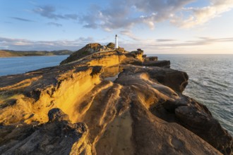 Castlepoint lighthouse on a rock, sea, sunrise. Castlepoint, Wairarapa Coast, Wellington Region,