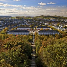 View from the Jübergturm of Sauerland Park in autumn and the city center of Hemer, Märkischer