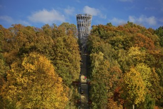 View of the Jübergturm with the stairway in Sauerlandpark in autumn, Hemer, Märkischer Kreis,