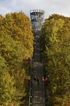 View of the Jübergturm with the stairway in Sauerlandpark in autumn, Hemer, Märkischer Kreis,