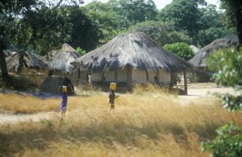 Thatched huts in a village in Zambia, Africa, June 2000, vintage, retro, old, historic
