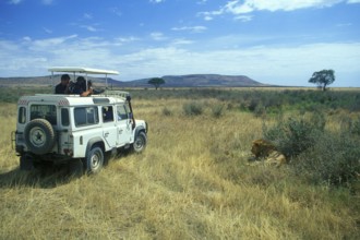 Safari participants watch lions in Serengeti, Tanzania, Africa, June 2000, vintage, retro, old,