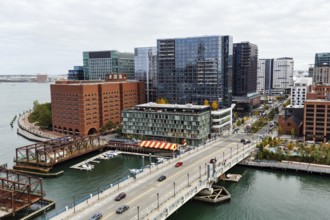 View of Northern Avenue Bridge over Fort Point Channel, steel swing bridge, Seaport District,