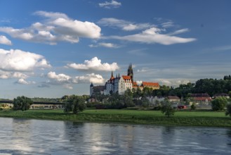 The castle hill with Albrechtsburg, cathedral and the Elbe in Meissen, Saxony, Germany