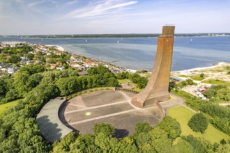 Laboe with the naval memorial, beach and dune landscape on the Kiel Fjord seen from above, Laboe,