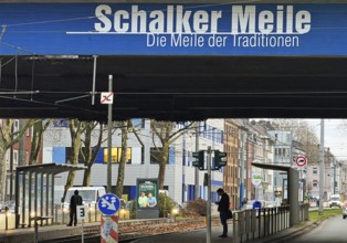 Schalker Meile logo on the A42 motorway bridge, Schalke district exit, Gelsenkirchen, Ruhr area,